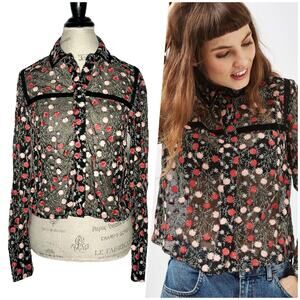 Topshop | Women | Black Floral Sheer Mesh Velvet Button Up Cropped Top | Size 6